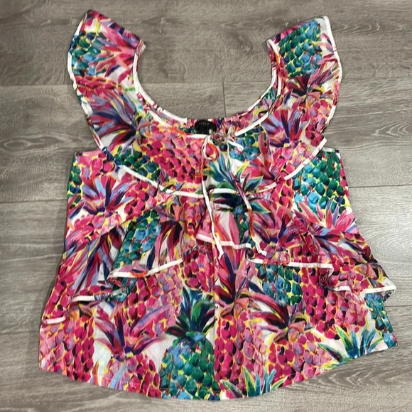 NWOT J. Crew Lightweight Cotton Ruffled Top in Ratti Painted Pineapple Print 6 - Picture 10 of 16